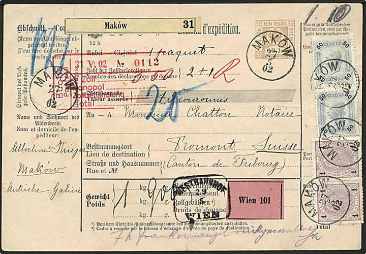 50 h. (2) og 1 h. (3) på for- og bagside af internationalt adressekort for pakke fra Makow d. 27.5.1902 via Wien til Romont, Schweiz.