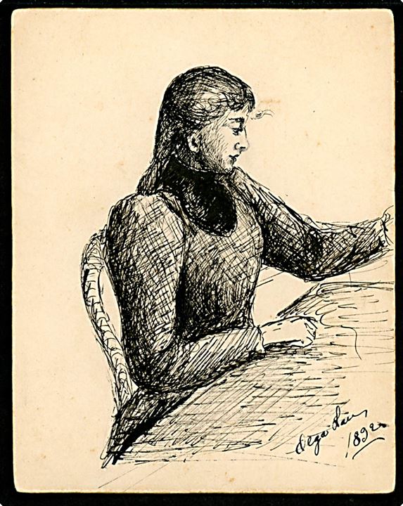 Olga Lau: Håndtegnet kort med kvinde dateret 1892. Uden adresselinier. U/no. Kvalitet 7