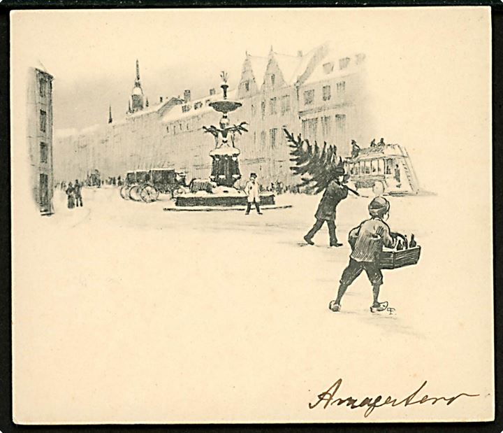 Paul Fischer: Amagertorv med Storkespringvand i sne. Kartonkort anvendt 1904. U/no. Kvalitet 7