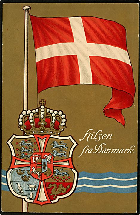 Flag. “Hilsen fra Danmark” med Dannebrog og rigsvåben. A. Vincent serie 389/5. Kvalitet 8
