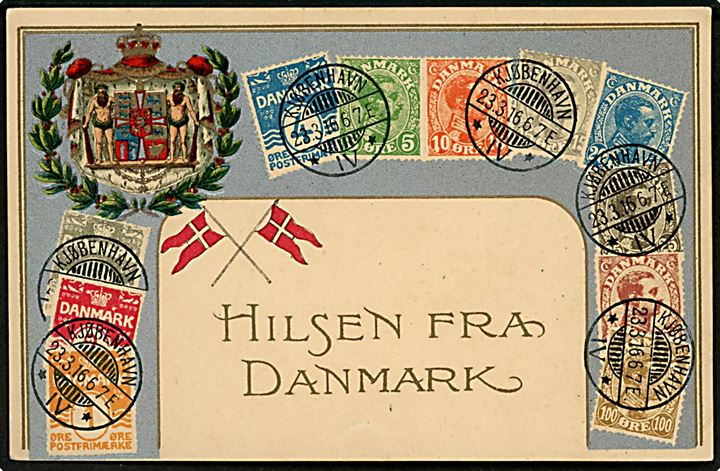Frimærkehilsen, “Hilsen fra Danmark”, med Bølgelinie og Chr. X udg. GHZ & Co. no. 9167. Kvalitet 8
