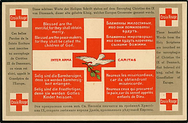 Røde Kors. Flersproget kort med Chr. IX’s gravskrift. Københavnske Dame-Afdeling under Dansk Røde Kors. Kvalitet 9