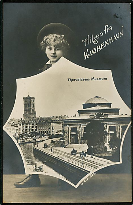 Thorvaldsens Museun, “Hilsen fra Kjøbenhavn” med dreng og prospekt. B.B.F. no. 205. Kvalitet 8