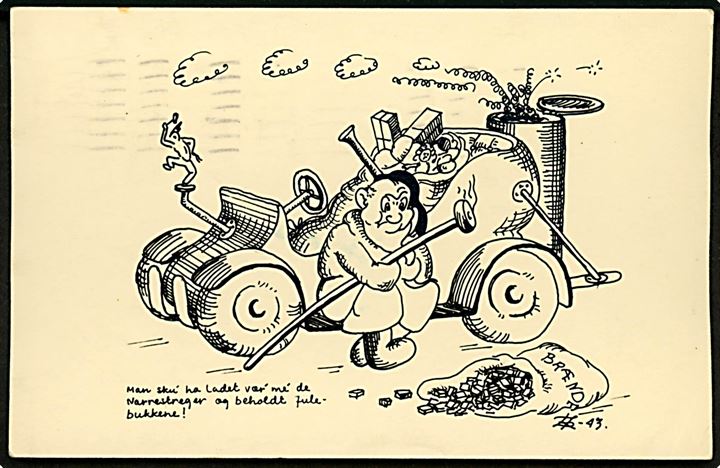 H. Sartholm(?): Julemand med gengas-bil. Julekort fra 1943. Antagelig sendt af tegneren. Kvalitet 7