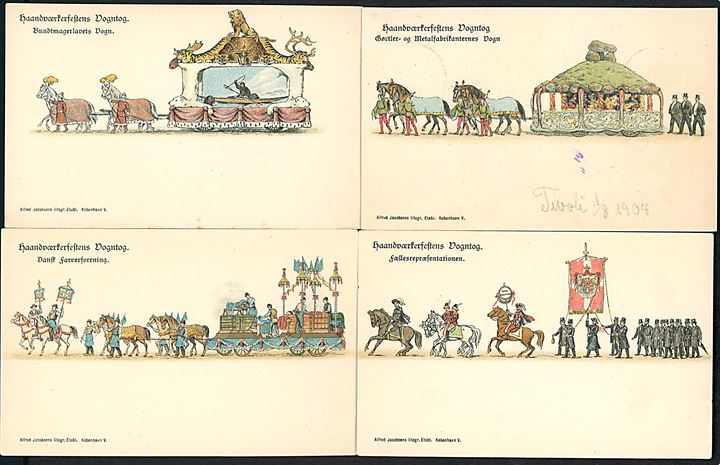 Ukendt kunstner: Haandværkerfestens Vogntog. Tivoli Juli 1904. 8 forskellige kort. A. Jacobsen u/no. Kvalitet Mix