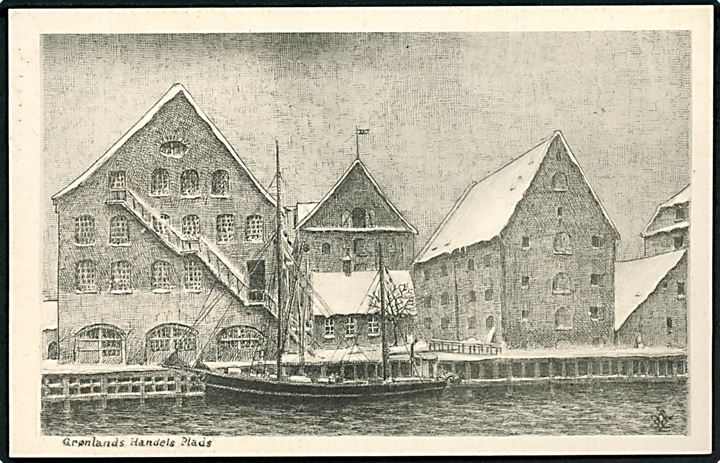 Grønlands Handels Plads med sejlskib. Efter tegning. C. L. Christiansen u/no. Kvalitet 8