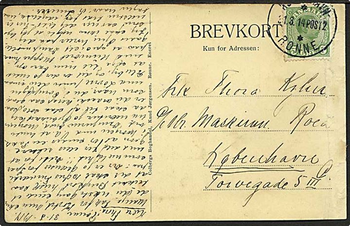 5 øre Chr. X (klippet) på brevkort fra Rønne annulleret med skibsstempel Kjøbenhavn- ** Rønne Post2 d. 31.8.1914 til København. 