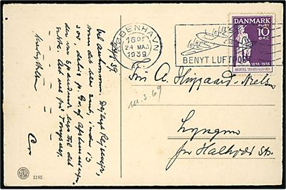 10 øre Thorvaldsen på brevkort annulleret med TMS København K. / Benyt Luftpost d. 24.5.1939 til Halkjær St.