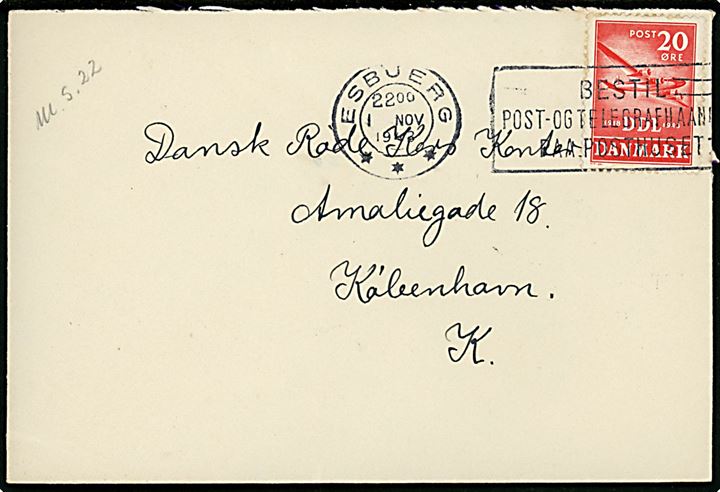 20 øre DDL på brev annulleret med TMS Esbjerg / Bestil Post- og Telegrafhaandbog paa Posthuset d. 1.11.1943 til Dansk Røde Kors i København.