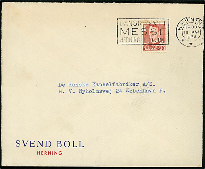 30 øre Fr. IX på brev annulleret med TMS Dansk Textil Messe Herning 11.-20. Juni/Herning *** d. 18.5.1954 til København.