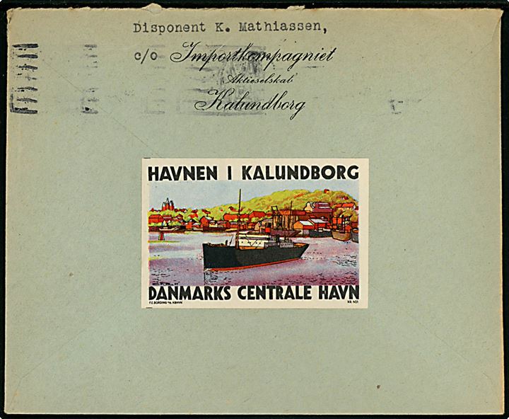 20 øre Karavel på brev fra Kalundborg d. 21.6.1941 til Dansk Røde Kors i København. På bagsiden mærkat: Havnen i Kalundborg / Danmarks centrale havn.