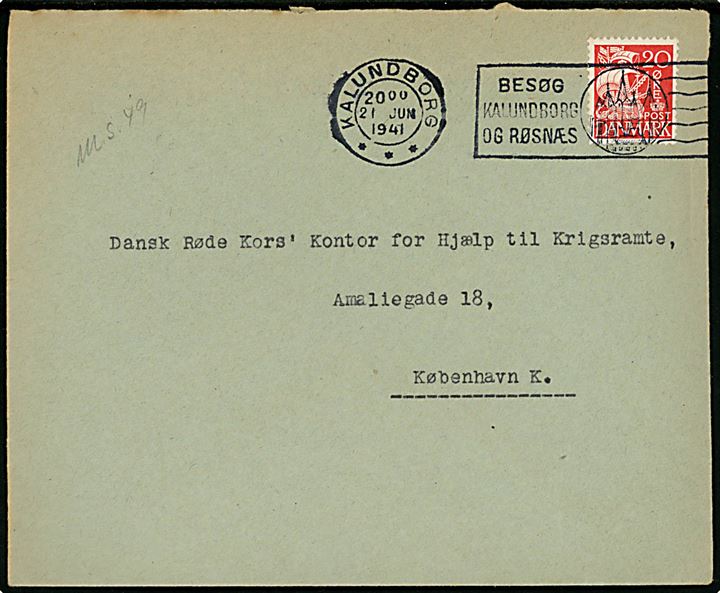 20 øre Karavel på brev fra Kalundborg d. 21.6.1941 til Dansk Røde Kors i København. På bagsiden mærkat: Havnen i Kalundborg / Danmarks centrale havn.