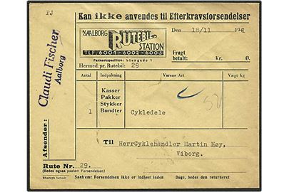 1941 rutebilbrev fra Ålborg d. 18.11.1941 til Viborg, for et bundt cykeldele. Afsendt med rutebil No. 29.
