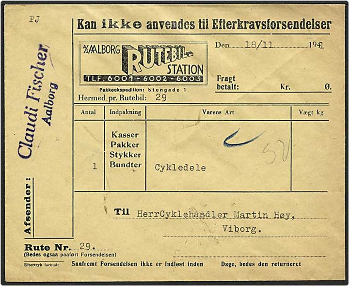 1941 rutebilbrev fra Ålborg d. 18.11.1941 til Viborg, for et bundt cykeldele. Afsendt med rutebil No. 29.