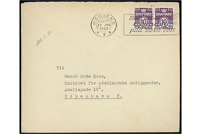10 øre Bølgelinie i parstykke på brev fra Horsens d. 22.1.1941 til Dansk Røde Kors, Kontoret for udenlandske Anliggender, København.