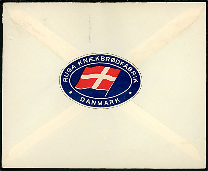 10 øre Bølgelinie på firmakuvert fra RUGA Fabriker sendt lokalt i København d. 2.4.1941 til Dansk Røde Kors. På bagsiden lukkeoblat fra RUGA Knækbrødfabrik * Danmark *.
