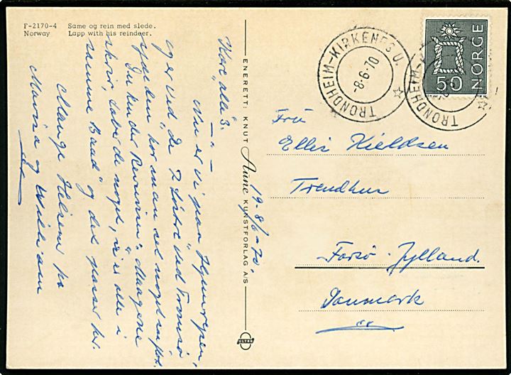 50 øre Knob på brevkort annulleret med sejlende bureaustempel Trondheim - Kirkenes U. d. 8.6.1970 til Farsø, Danmark.