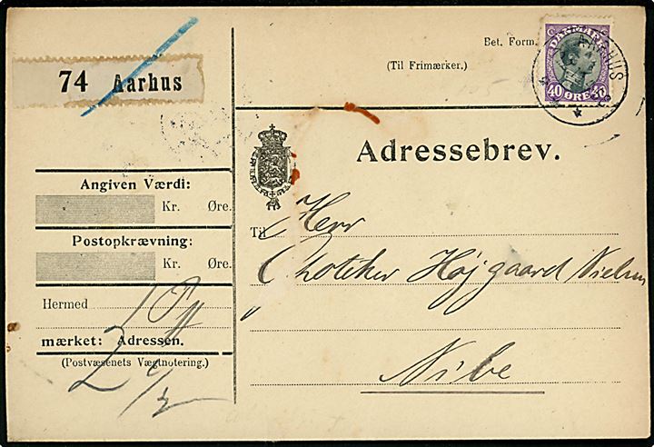 40 øre Chr. X single på adressebrev for pakke fra Aarhus d. 19.2.1919 til Nibe.