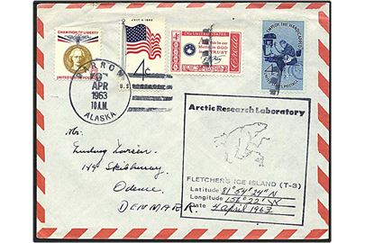 Polarbrev fra “Fletcher’s Ice Island(T-3)”, sendt via Barrow, Alaska d. 09.04.1963 til Odense, Danmark. Sidestempel “Arctic Research Laboratory” i sort.