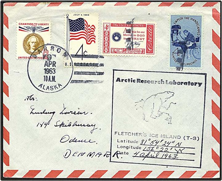 Polarbrev fra “Fletcher’s Ice Island(T-3)”, sendt via Barrow, Alaska d. 09.04.1963 til Odense, Danmark. Sidestempel “Arctic Research Laboratory” i sort.