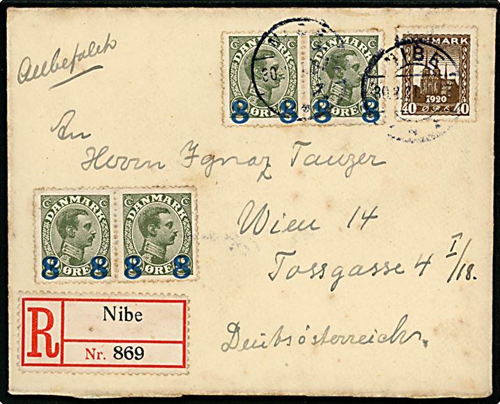 8/12 øre Provisorium (4) og 40 øre Genforening på anbefalet brev fra Nibe d. 30.8.1921 til Wien, Østrig. To mærker ikke annulleret.