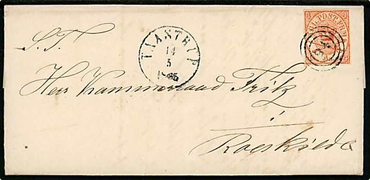 4 sk. Krone/Scepter artighedsklippet på brev med langt indhold dateret Vallensbæk annulleret med nr.stempel 94 og sidestemplet antiqua Taastrup d. 14.5.1865 til Roskilde.