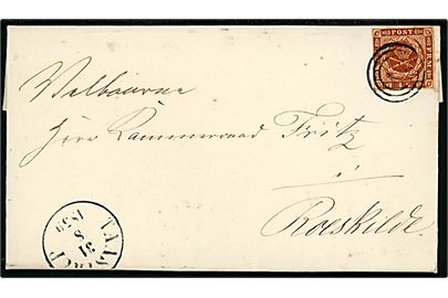 4 sk. 1858 udg. på brev med langt indhold dateret i Vallensbæk annulleret med nr.stempel 94 og sidestemplet antiqua Taastrup d. 31.8.1859 til Roskilde.