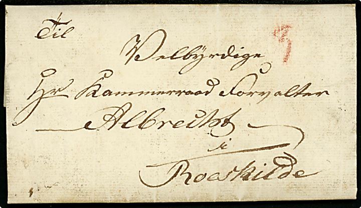 1833. Portobrev med fuldt indhold dateret i Vallensbæk d. 9.6.1833 til hr. Kammeraad Forvalter Albrecht i Roskilde. Påskrevet 3 med rødkridt.