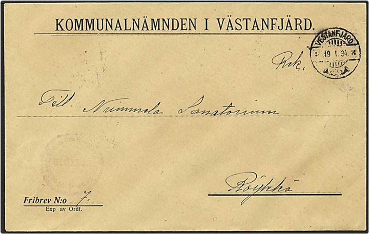 Ufrankeret finsk anbefalet tjenestebrev fra Vestanfjärd d. 19.1.1934 til Roijkkä. Svagt tjeneste stempel fra Kommunalnämnden i Vestanfjärd. 