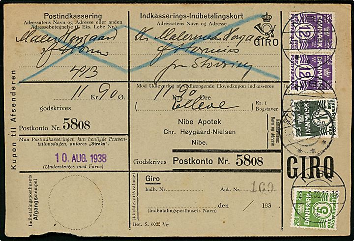 12 øre (par) Bogtryk, 1 øre og 5 øre Stålstik Bølgelinie på 30 øre frankeret retur Indkasserings-Indbetalingskort fra Nibe d. 2.8.1938 til Støvring.