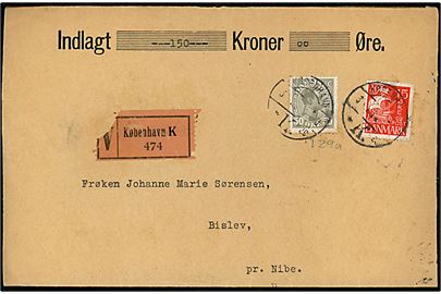 15 øre Karavel og 50 øre Chr. X på værdibrev fra København d. 3.1.1934 til Bislev pr. Nibe. To laksegl bortklippet.