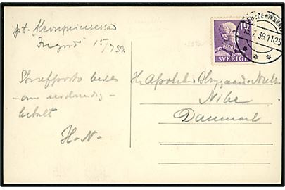 10 öre Gustaf 4-sider takket på brevkort dateret p.t. Kronprinsessan Ingrid annulleret med dansk stempel i Frederikshavn d. 15.7.1939 til Nibe, Danmark.