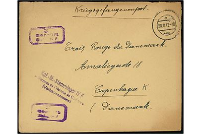 Ufrankeret krigsfangebrev med stumt stempel d. 30.8.1943 til Dansk Røde Kors i København, Danmark. Sendt fra Vertrauensmann i Stalag IVF (= Hartmannsdorf) med violet lejrcensur. 