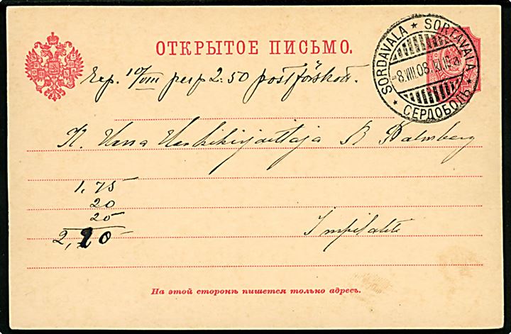10 pen. helsagsbrevkort annulleret med 3-sproget stempel i Sordavala d. 8.8.1908 til Impilahti.