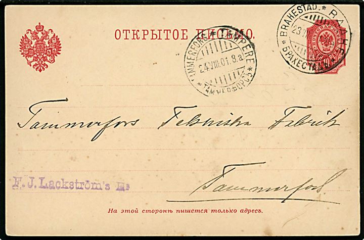 10 pen. helsagsbrevkort annulleret med 3-sproget stempel i Brahestad d. 23.8.1901 til Tammerfors.