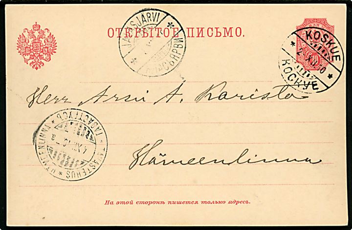 10 pen. helsagsbrevkort annulleret med 2-sproget stempel i Koskue d. 2.12.1910 til via Jalasjärvi til Tavastehus.