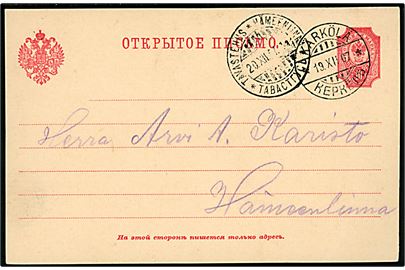 10 pen. helsagsbrevkort annulleret med 2-sproget stempel Kärkölä d. 19.12.1907 til Hämeenlinna.