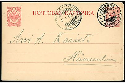 10 pen. helsagsbrevkort annulleret med 2-sproget stempel i Warkaus d. 22.1.1912 til Hämeenlinna.