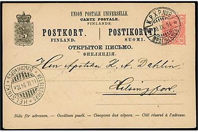 10 pen. helsagsbrevkort fra Nivala annulleret med 2-sproget bureaustempel K.P.X.P. No. 8 (= Kemi-Oulu-Seinäjoki-Vaasa) d. 10.9.1894 til Helsingfors.