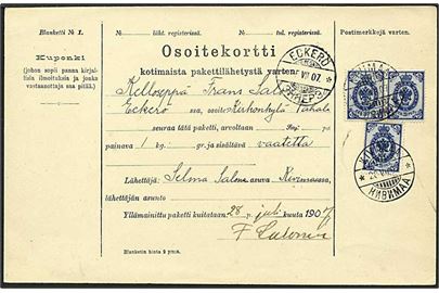 20 penni (3 stk) på adressekort sendt fra Kivimaa d. 20.7. 1907 til Eckerö, Åland. Flot kort!