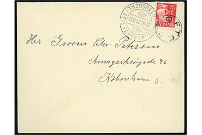 15 øre Karavel på brev annulleret med udslebet stjernestempel TOFTE og sidestemplet med klipfiskstempel Thorshavn d. 17.12.1937 til København.