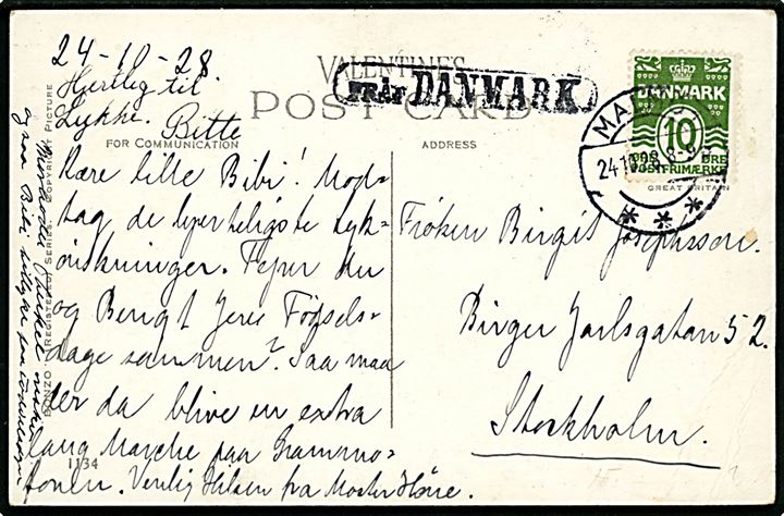 10 øre Bølgelinie på brevkort (Bonzo spiser æg) annulleret med svensk stempel i Malmö d. 24.10.1928 og sidestemplet Från Danmark til Stockholm.
