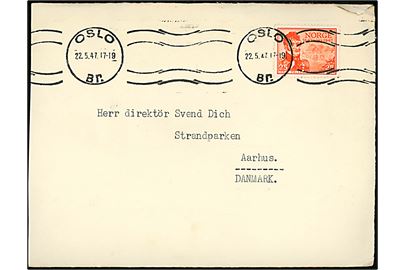 25 øre Postjubilæum med perfin DUE på kuvert fra Alf Due i Oslo d. 22.5.1947 til Aarhus. Kuvert afkortet i venstre side.