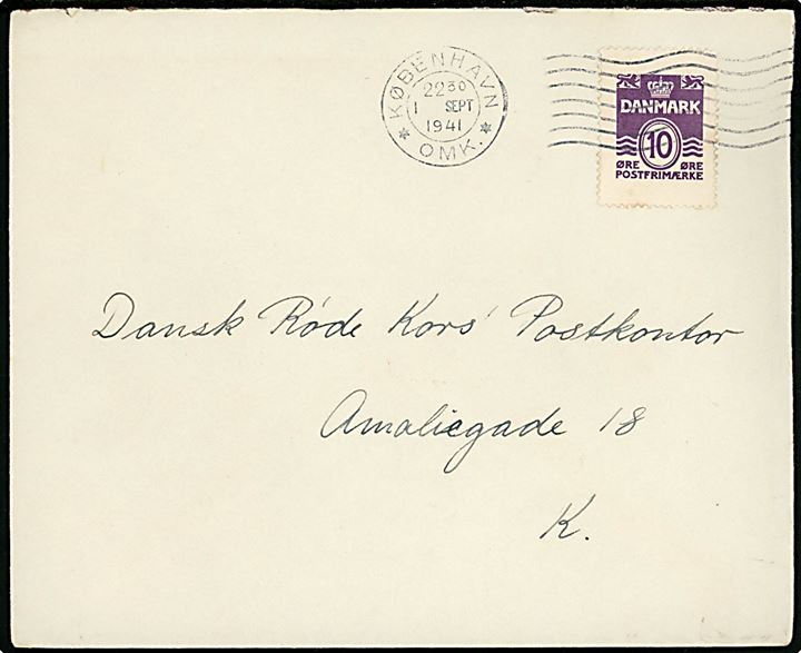 10 øre Bølgelinie single på lokalbrev i København d. 1.9.1941 til Dansk Røde Kors Postkontor i København.
