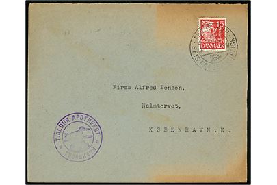 15 øre Karavel på brev fra Tjaldur Apotheket annulleret med klipfiskstempel i Thorshavn d. 26.10.1938 til København.