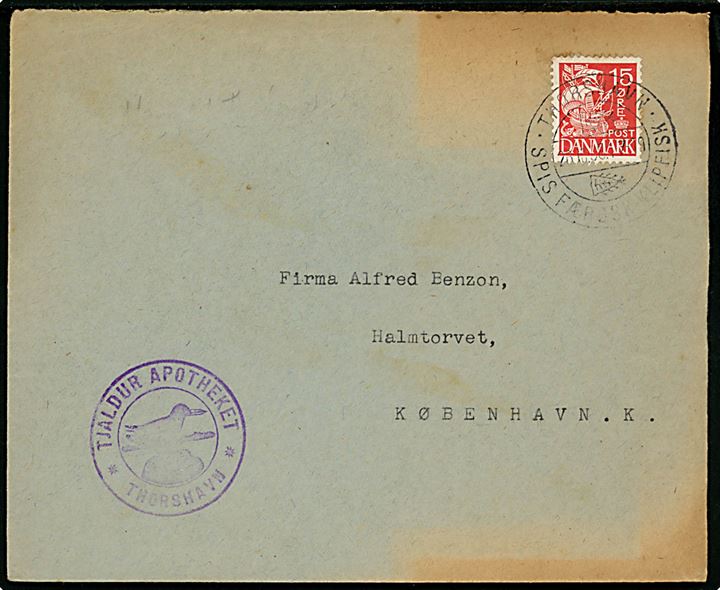 15 øre Karavel på brev fra Tjaldur Apotheket annulleret med klipfiskstempel i Thorshavn d. 26.10.1938 til København.