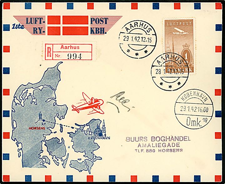 1 kr. Luftpost single på anbefalet illustreret 1. ispost-flyvnings brev fra Ry  annulleret i Aarhus d. 28.1.1942 via København til Horsens.