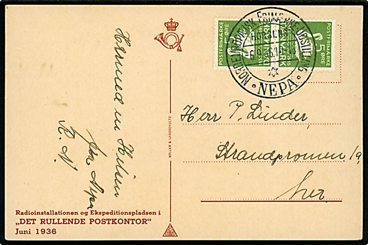5 øre H. C. Anderen i tête-bêche parstykke på lokalt brevkort annulleret med NEPA udstillingsstempel i Horsens d. 6.9.1936.