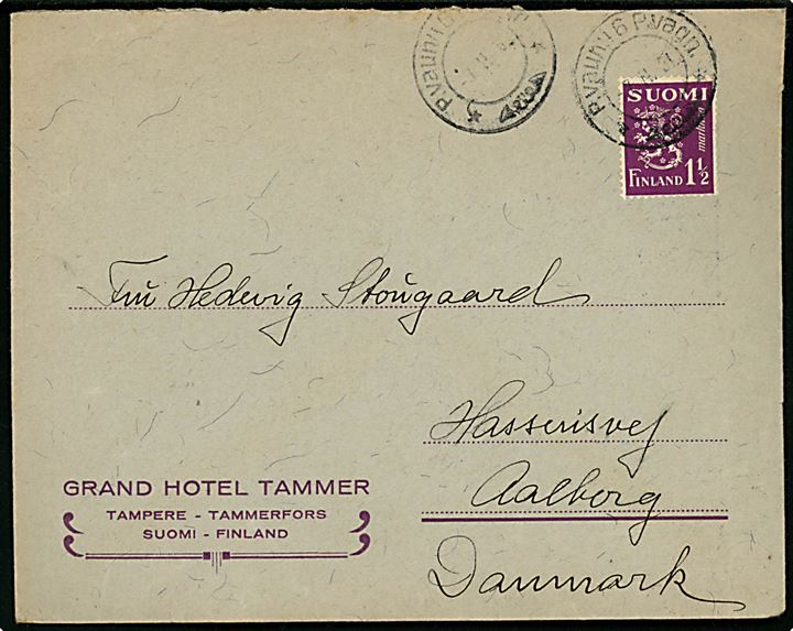 1½ mk. Løve på brev fra Tampere annulleret med 2-sproget bureaustempel P. Vagn. 6 d. 7.2.1931 til Aalborg.
