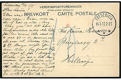 Ufrankeret brevkort med brotype IIIb Fredericia *** d. 14.4.1917 til Hellerup. Udtakseret i 10 øre porto.